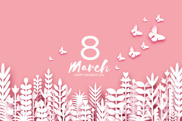 8 March. Origami Spring Flowers. Happy Womens day. Mixed white Paper cut flowers, tropical leaves, butterflies for window display. Space for text. Trendy coral .Mothers Day. Happy holidays.