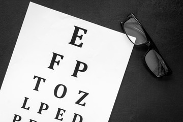 Eye examination. Eyesight test chart and glasses on black background top view