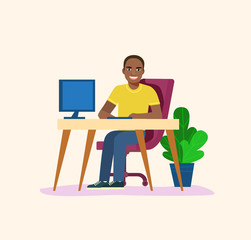 Young afro american man working at her office. Vector flat style illustration