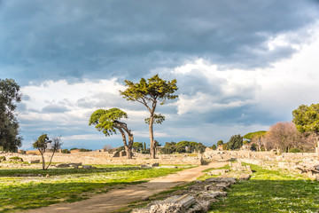 Ancient Greek Temples in the Ruins of a Village in Southern Italy