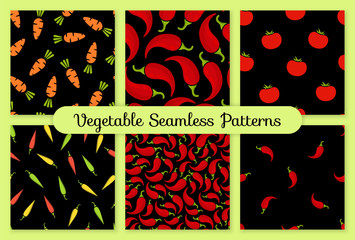 Seamless pattern vegetable background set vector flat illustration. Fresh food background in black and red colors with chilli vegetable seamless element for healthy diet decor or vintage wallpaper