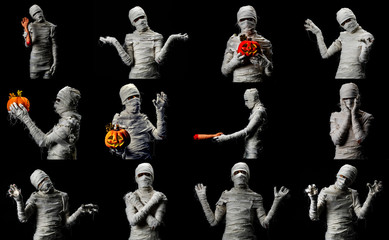 Fototapeta premium Set of studio shot portrait of young man in costume dressed as cosplay of scary mummy pose in several manners on black background.