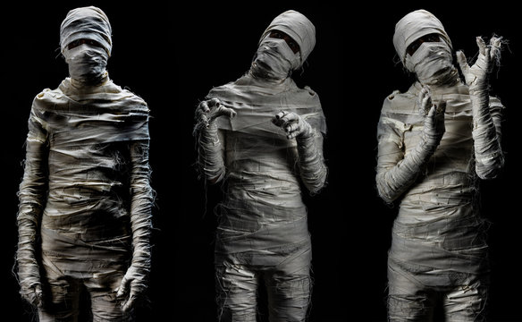 Set of studio shot portrait of young man in costume dressed as cosplay of scary mummy pose in several manners on black background.