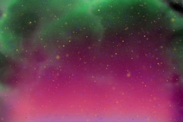 Abstract dynamic fantasy green space and stars colorful background with sparks and clouds