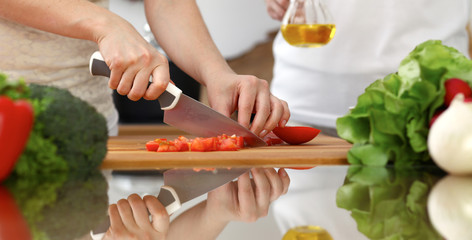 Closeup of human hands cooking in kitchen. Mother and daughter or two female friends cutting vegetables for fresh salad. Friendship, family dinner and lifestyle concepts