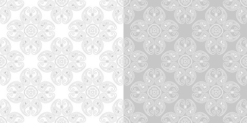 Monochrome seamless patterns compilation. Gray and white backgrounds in indian style