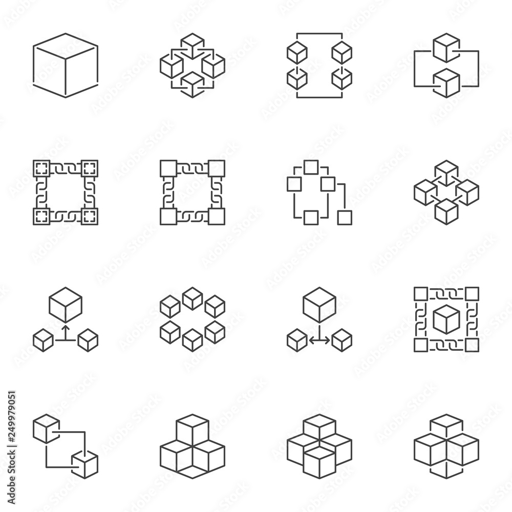 Poster vector blockchain concept icons or logo elements in outline style on white background