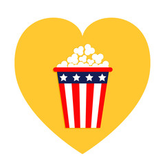 Popcorn icon. Heart shape. I love movie cinema icon. Flat design. American flag Stars and strips. Red and blue color. Happy Independence sign symbol. White background. Isolated.