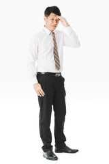 Half-length portrait of middle aged, handsome, Asian, businessman, in white shirt, striped tie.suffer from acute migraine, grimace, frown, painful from headache, on isolated white background