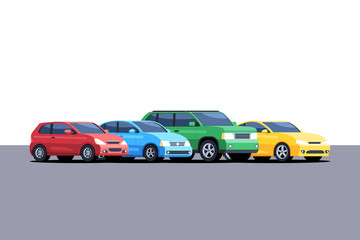 Cars are parked in a row - obrazy, fototapety, plakaty