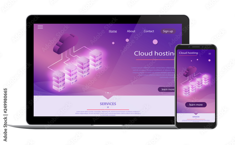 Poster website template landing page isometric concept. cloud database, server energy station of future.