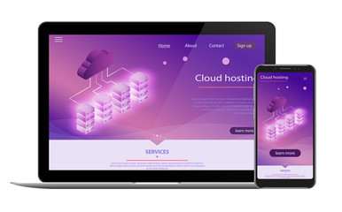 Website Template Landing page Isometric concept. Cloud database, server energy station of future. 