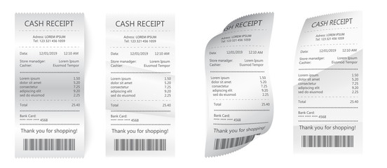 Realistic payment paper bills for cash or credit card. Paper check and financial check isolated.