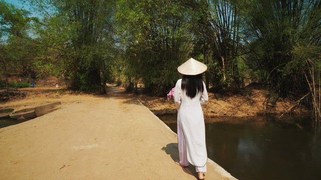 woman with Vietnam culture traditional dress, Ao dai ,stabilizer shot