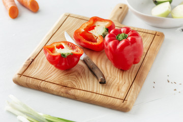 Cutting board knife fresh red pepper