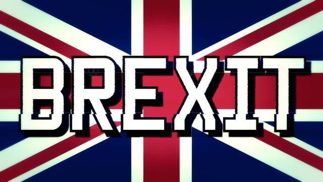 The word Brexit, over the Union Jack (aka the flag of the United Kingdom), distorted by a soft digital noise glitch.