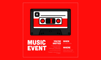 Naklejka premium Music Event Cassette Invitation Design with Where and When Details