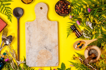 Wild and Healing herbs concept, flat lay, top view