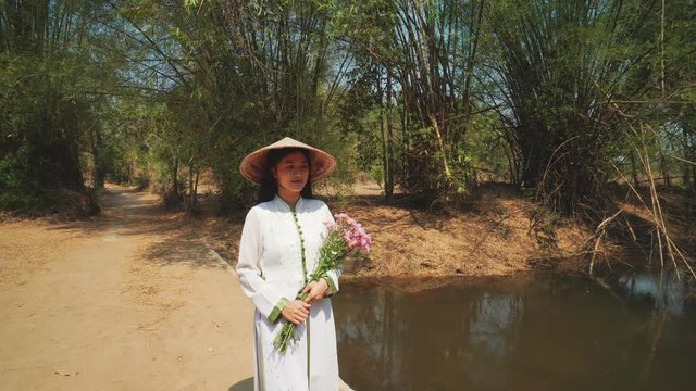 woman with Vietnam culture traditional dress, Ao dai ,stabilizer shot