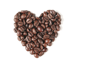 Roasted coffee beans in heart form, on white background. St Valentine day card