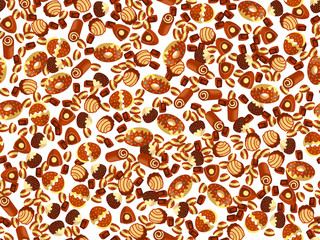 Vector cute cartoon chocolate candy pattern. Cute chocolate candies seamless pattern. Candy, chocolate bar, sweet desserts on cute cartoon pattern