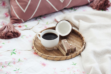 cup of morning coffee, waffles and coconut, breakfast , weekend in a cozy bed