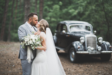 Beautiful bride and groom embracing and kissing on their wedding day