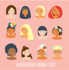 International Women's Day. Female of different nationalities and religions. Design template for card, poster, banner. Vector illustration for 8 march