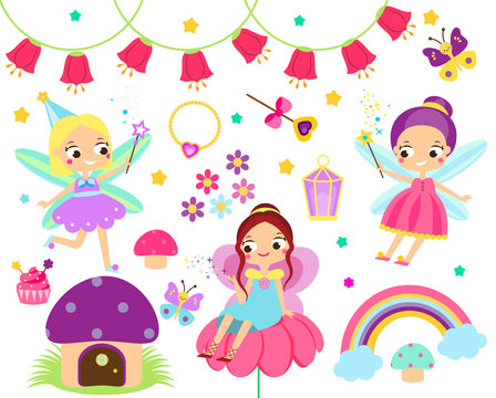 Cute Fairy set. Collection of cartoon fairy tale design elements. Elf, flowers, mushrooms and other clip art for children girls design