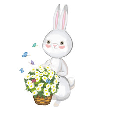 Gray hare with a basket of daisies on a white background 
