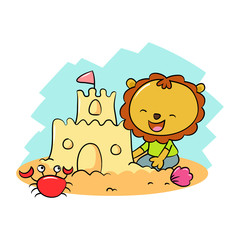 Baby lion playing sand on the beach illustration - Vector