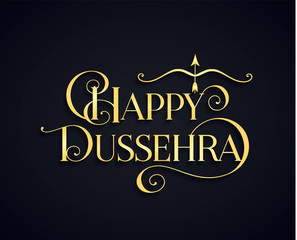 Golden text calligraphic inscription Happy Dussehra festival Indian with bow and arrow with a shadow on a dark blue background. Vector illustration.