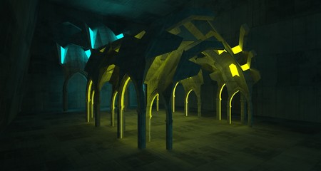 Abstract  Concrete Futuristic Sci-Fi Gothic interior With Yellow And Blue Glowing Neon Tubes . 3D illustration and rendering.