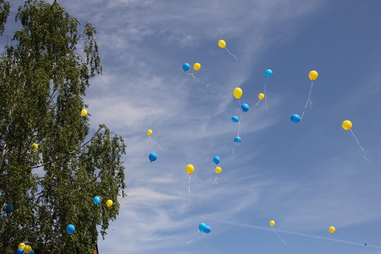 Blue And Yellow Balloons In The Sky. Celebrations Of Swedens National Day June 6th