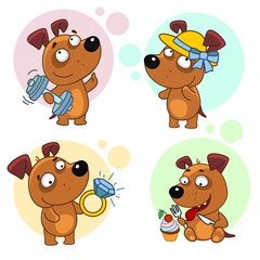 A set of cute dog icons for children and design, a dog plays sports with dumbbells, in a cute hat with a bow, holds a large diamond ring, a dog with a fork and knife wants to eat with a cupcake.
