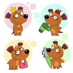 A set of cute dog icons for children and design, a dog princess with a crown, with a hairdryer dries her hair, holds a bag in her teeth, Worth writing with a pen.