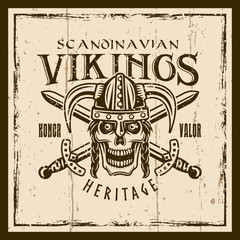 Viking skull in helmet and swords vector emblem