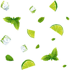 Seamless white pattern, mojito with Ice cubes