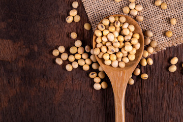 Soybean oil on a wooden background. rustic style