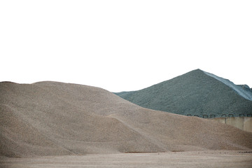 Large piles of construction sand and gravel used for asphalt production and building, isolated on...