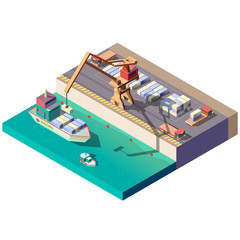 Sea port isometric vector icon with handling gantry crane on quay loading, unloading shipping container on cargo ship, trucks transporting freights from dock illustration isolated on white background