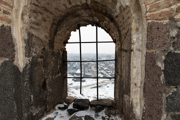 Naklejka premium view from the Kars Citadel to the 10th century Armenian Holy Apostles church in Kars, Turkey