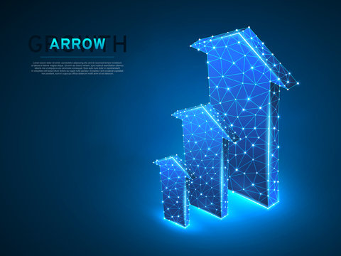 Arrow Growth, Success, Team Work Sign. Three Arrow Goes Up Wireframe Digital 3d Illustration. Low Poly Colaboration Concept With Lines, Dots On Blue Background. Vector Neon Polygonal RGB Color