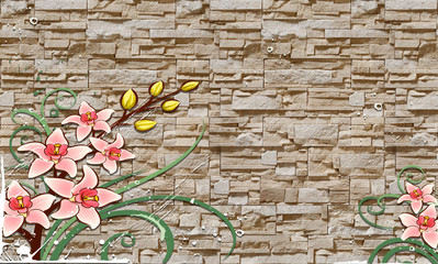 3D Wallpaper design with brick wall and flowers for photomural