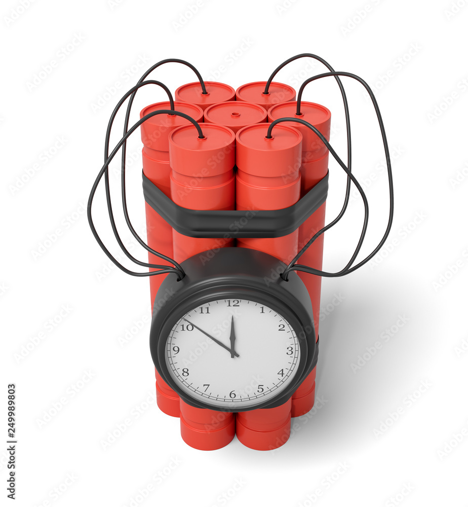 Poster 3d rendering of a bundle of dynamite sticks with a clock attached to the side of it on a white backg