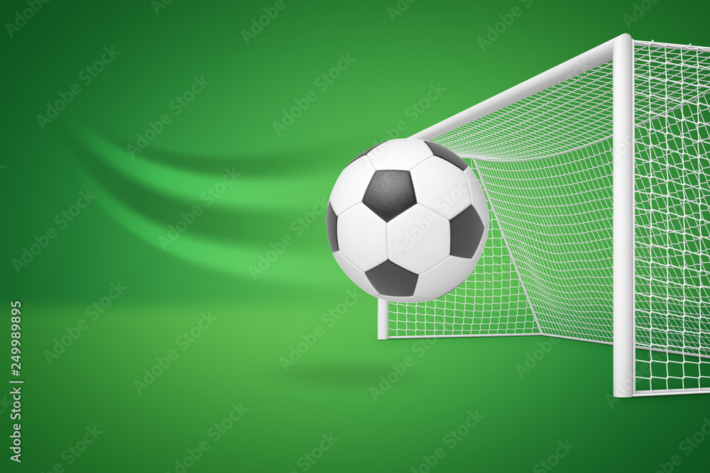 Poster 3d rendering of a football hurtling right into the white net on green background.