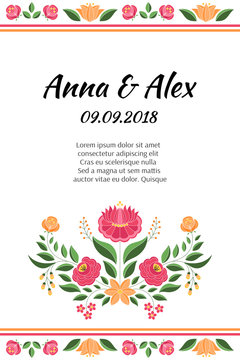 Vintage flowers wedding save the date card template vector. Hungarian folk pattern. Kalocsa embroidery floral ethnic ornament. Background for summer marriage invitation, birthday party.