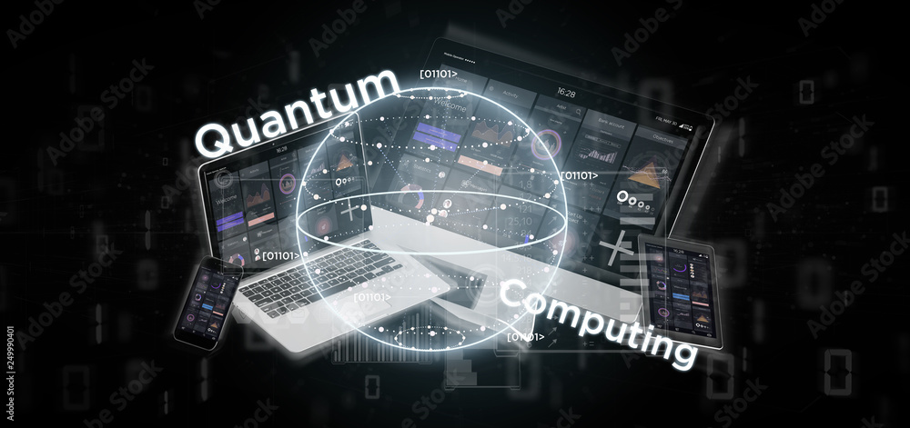 Poster quantum computing concept with qubit and devices 3d rendering
