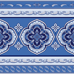 Mandala indian paisley pattern vector seamless border. Floral medallion motif for fabric or wallpaper. Blue vintage flower ethnic ornament print. Oriental design decoration for clothing textile.