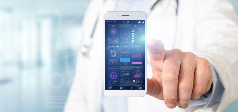 Doctor holding Smartphone with user interface data on the screen isolated on a background
